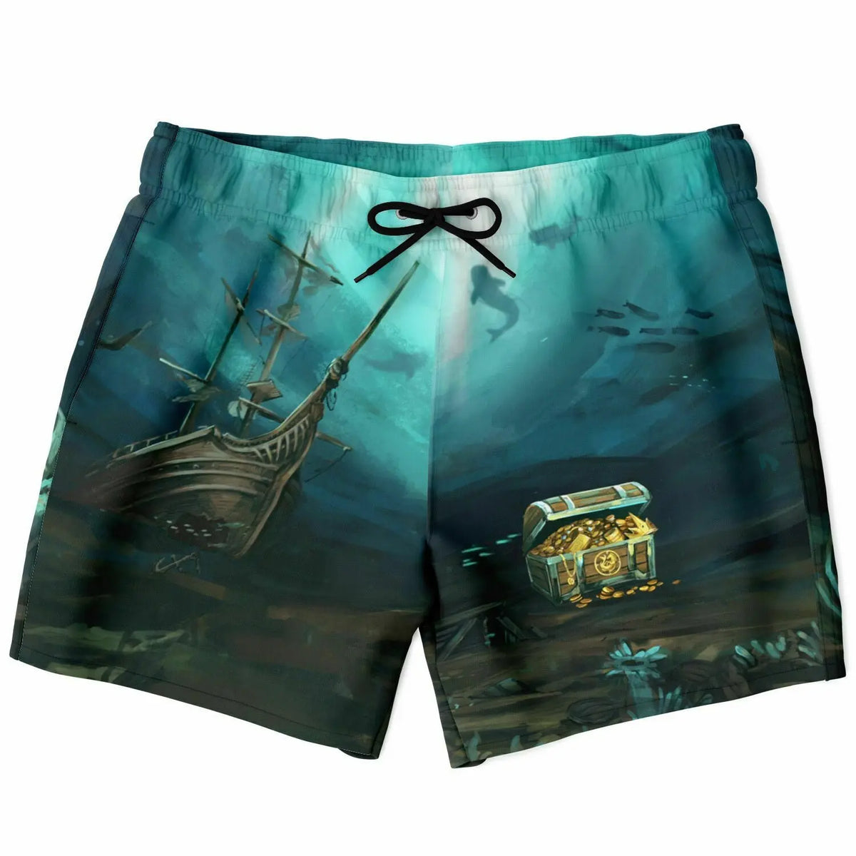 Men's swim shorts by Maris Equi featuring an underwater treasure chest and ship design made from lightweight fabric with an elastic waistband.