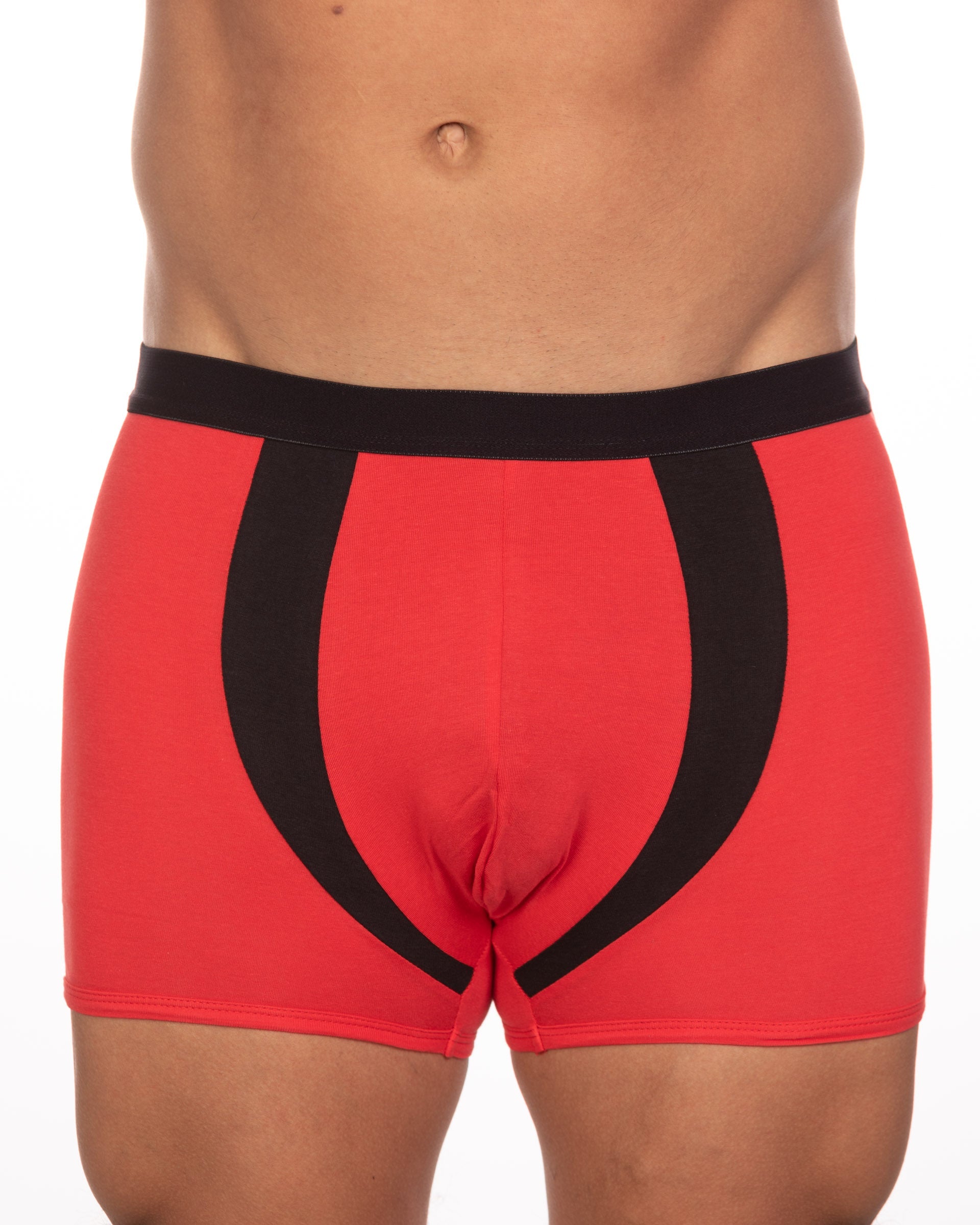 Red boxer briefs with black curved stripes and solid black waistband from 10-pack undergear basix alex two-tone trunk