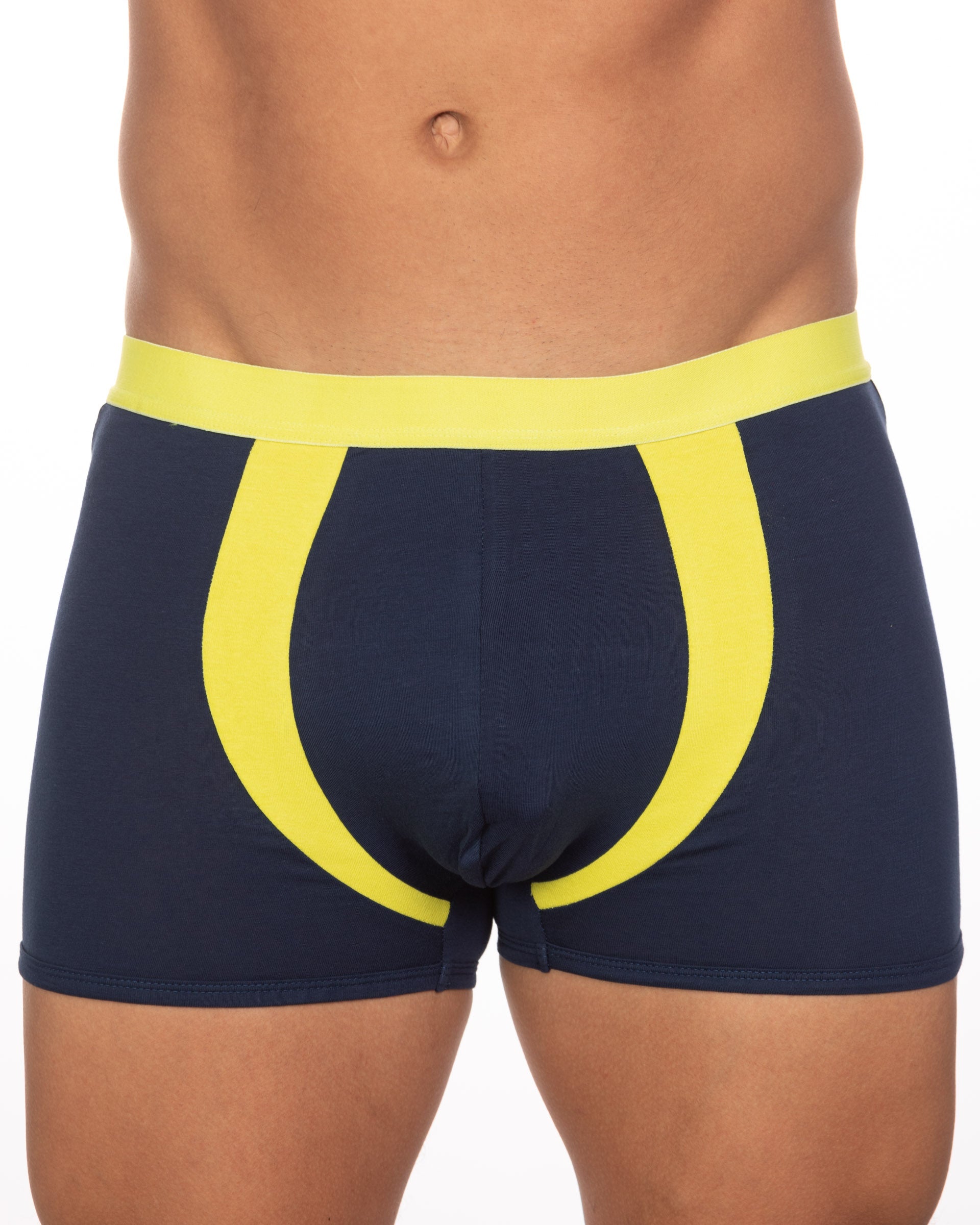 Navy blue boxer briefs with bold yellow waistband and matching side stripes from 10-pack undergear basix alex two-tone trunk
