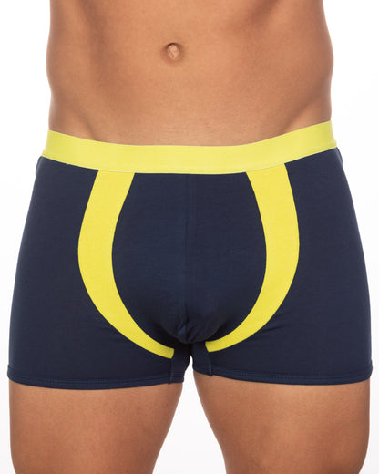 Navy blue boxer briefs with bold yellow waistband and matching side stripes from 10-pack undergear basix alex two-tone trunk