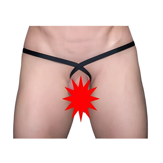 Black satin thong with crossed waistband design shown from the back in 10-pack tartarus ring thong set