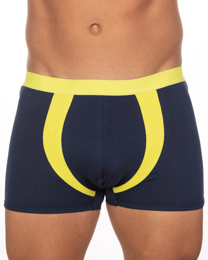 Navy blue boxer briefs with bold yellow waistband and matching side stripes from 10-pack undergear basix alex two-tone trunk