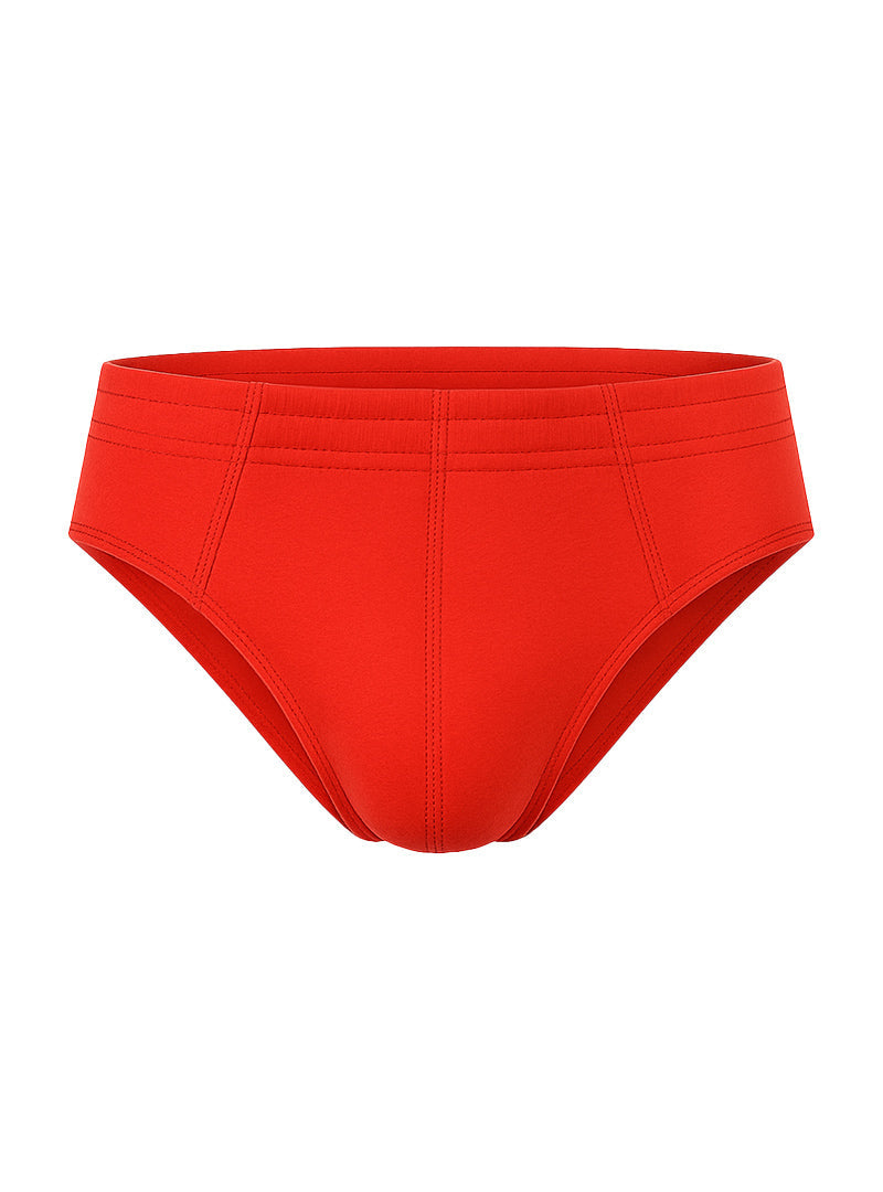 Bright red 100% cotton brief swim trunks with smooth stretchy fabric and subtle seam detailing