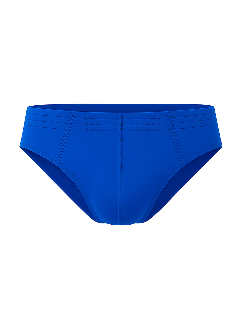 Bright royal blue 100% cotton brief swim trunks with smooth stretchy fabric and subtle seam detailing