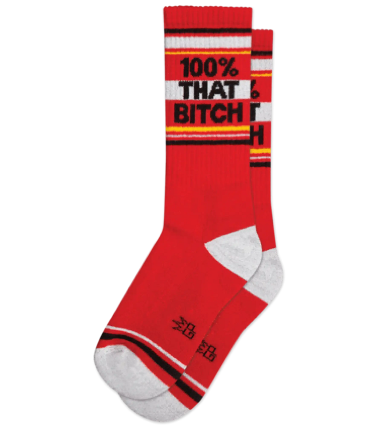 Red crew socks with white and black stripes featuring bold text 100% that bitch on the top section