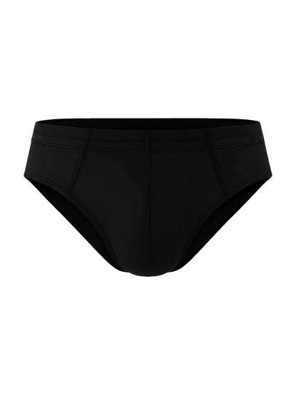 Black 100% cotton briefs with a smooth, form-fitting design and subtle seam detailing