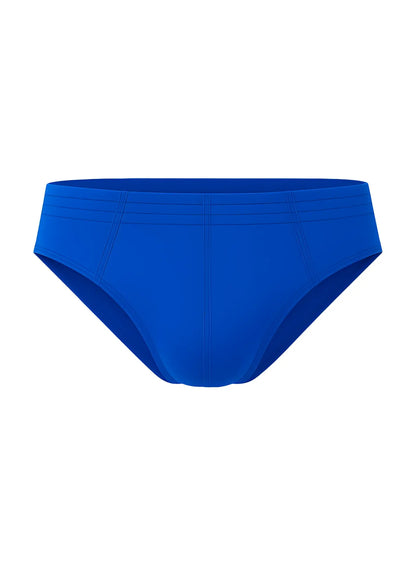 Bright royal blue 100% cotton brief swim trunks with smooth stretchy fabric and subtle seam detailing