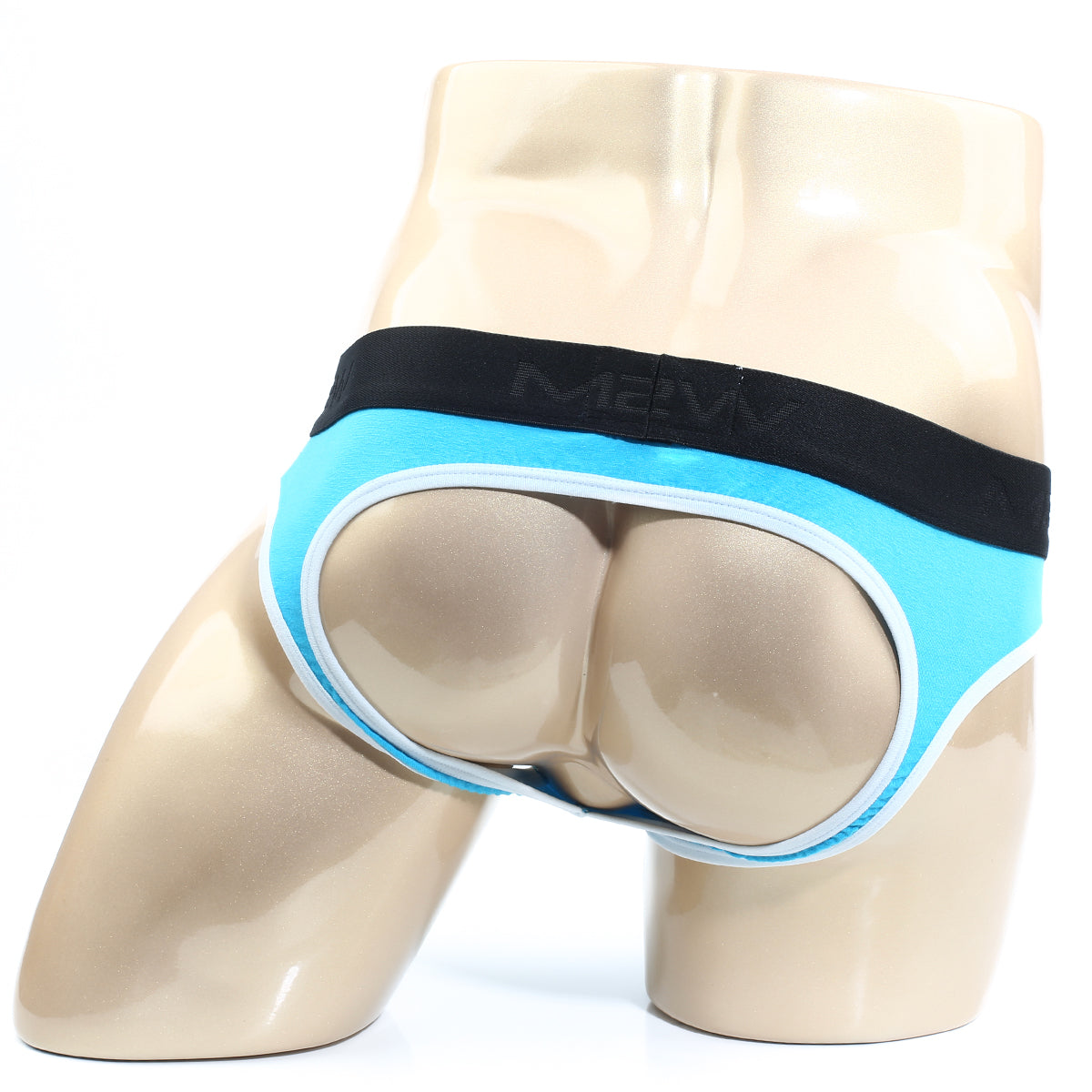 Light blue and white mevv men’s briefs with black waistband from metro male wear perfect scene jock strap turquoise 1001-08