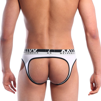White and black metromale briefs with a bold geometric patterned waistband in metroMaleWear perfect scene style