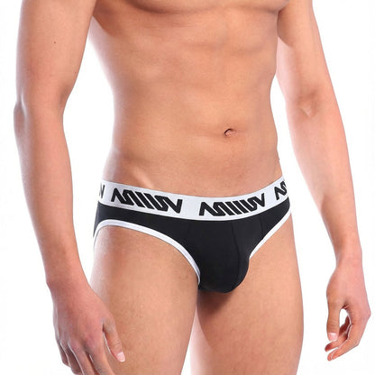 Black men’s briefs with white elastic waistband and bold black muiu branding from MetroMaleWear Perfect Scene line