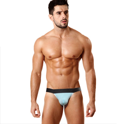 Light blue and black metro male wear perfect scene y-back thong with a snug, form-fitting design showing back side