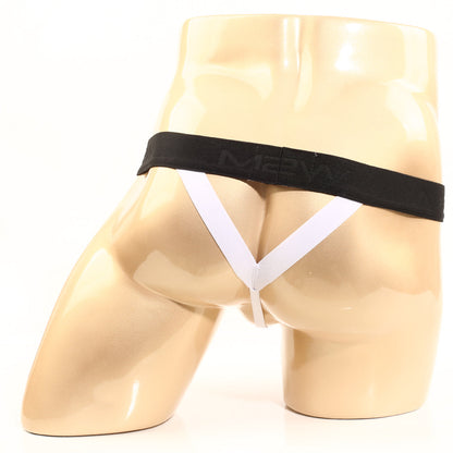 Black and white men’s briefs with a black m2ny waistband showing the back side in metroMalewear perfect scene style
