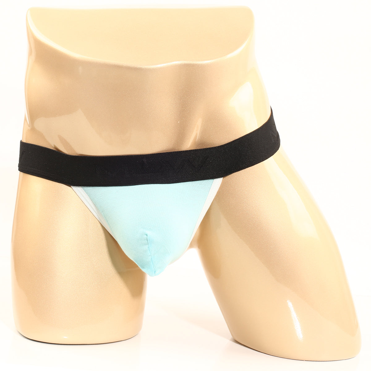 Light blue MetroMaleWear Perfect Scene Y-back thong with black elastic waistband and athletic fit shown from the back