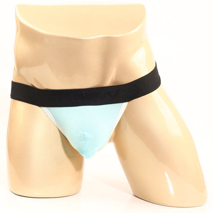 Light blue MetroMaleWear Perfect Scene Y-back thong with black elastic waistband and athletic fit shown from the back