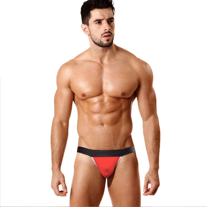 Red and black metro malewear perfect scene y-back thong with snug fit and elastic waistband shown from the back side