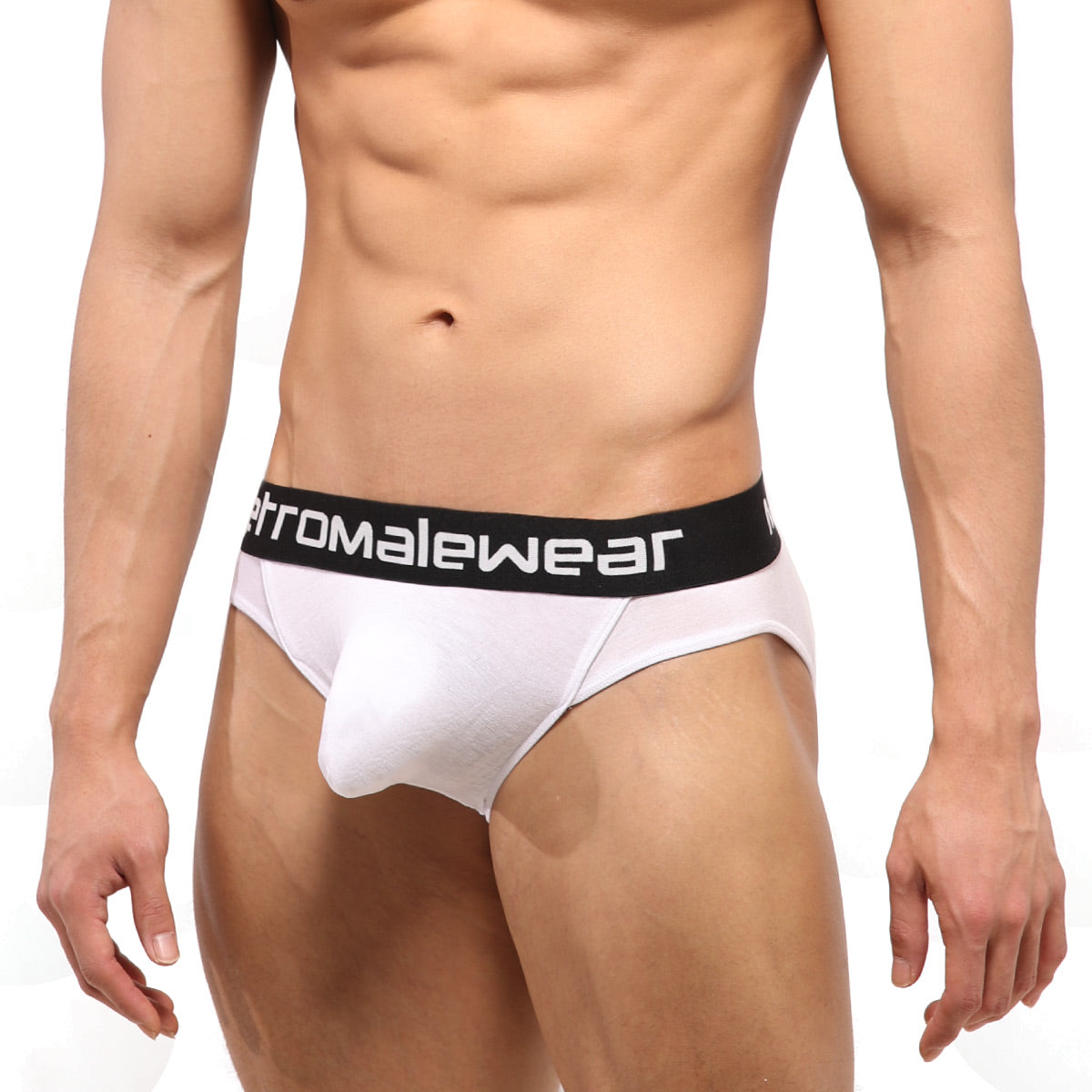 White mens briefs with a black waistband featuring the chromalewear logo from metromalewear perfect scene hip brief core white1003-01