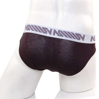 Dark brown metro male wear perfect scene hip briefs with white elastic waistband and gray geometric logo pattern