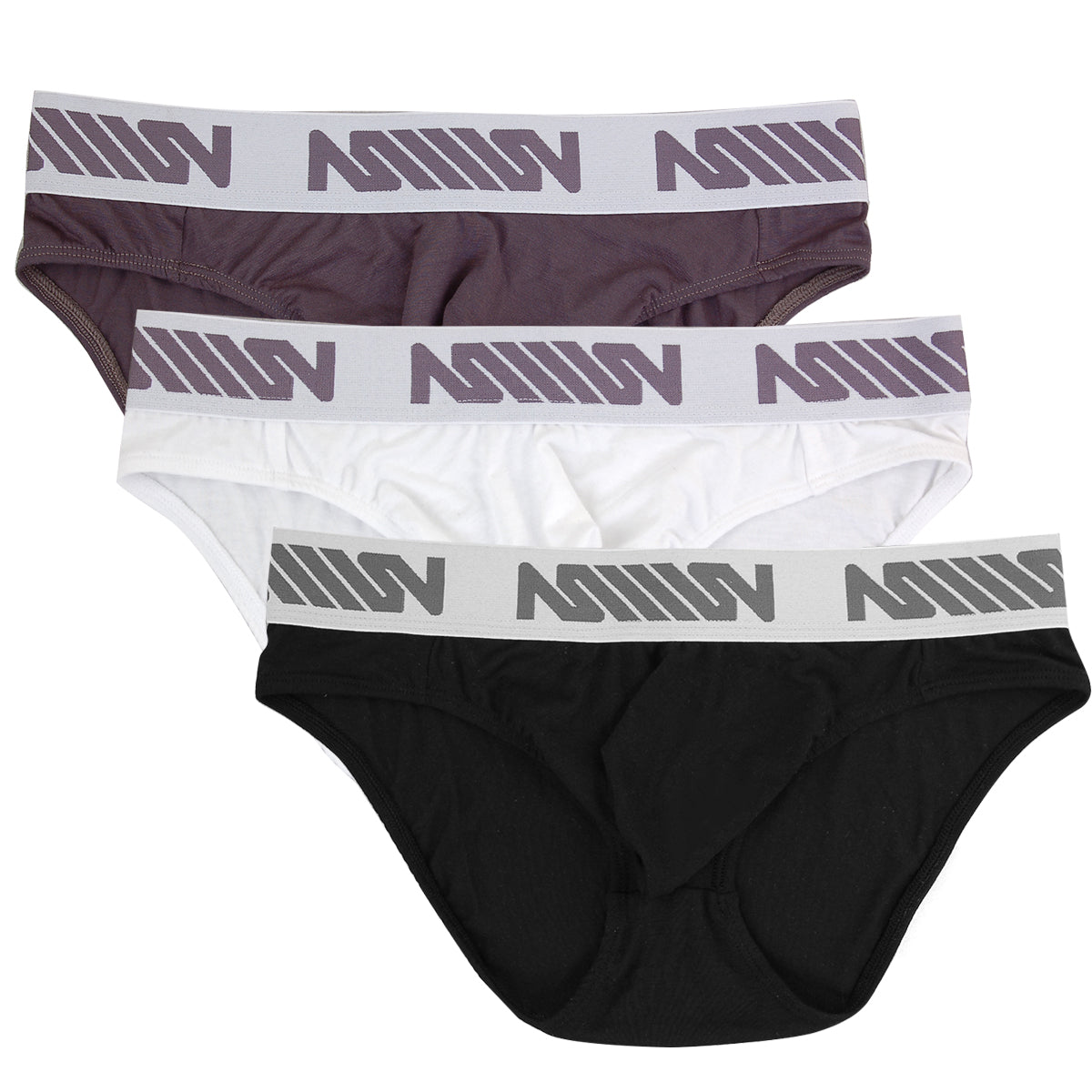 Set of three mens briefs in black white and dark gray with matching elastic waistbands featuring metro-malewear logos