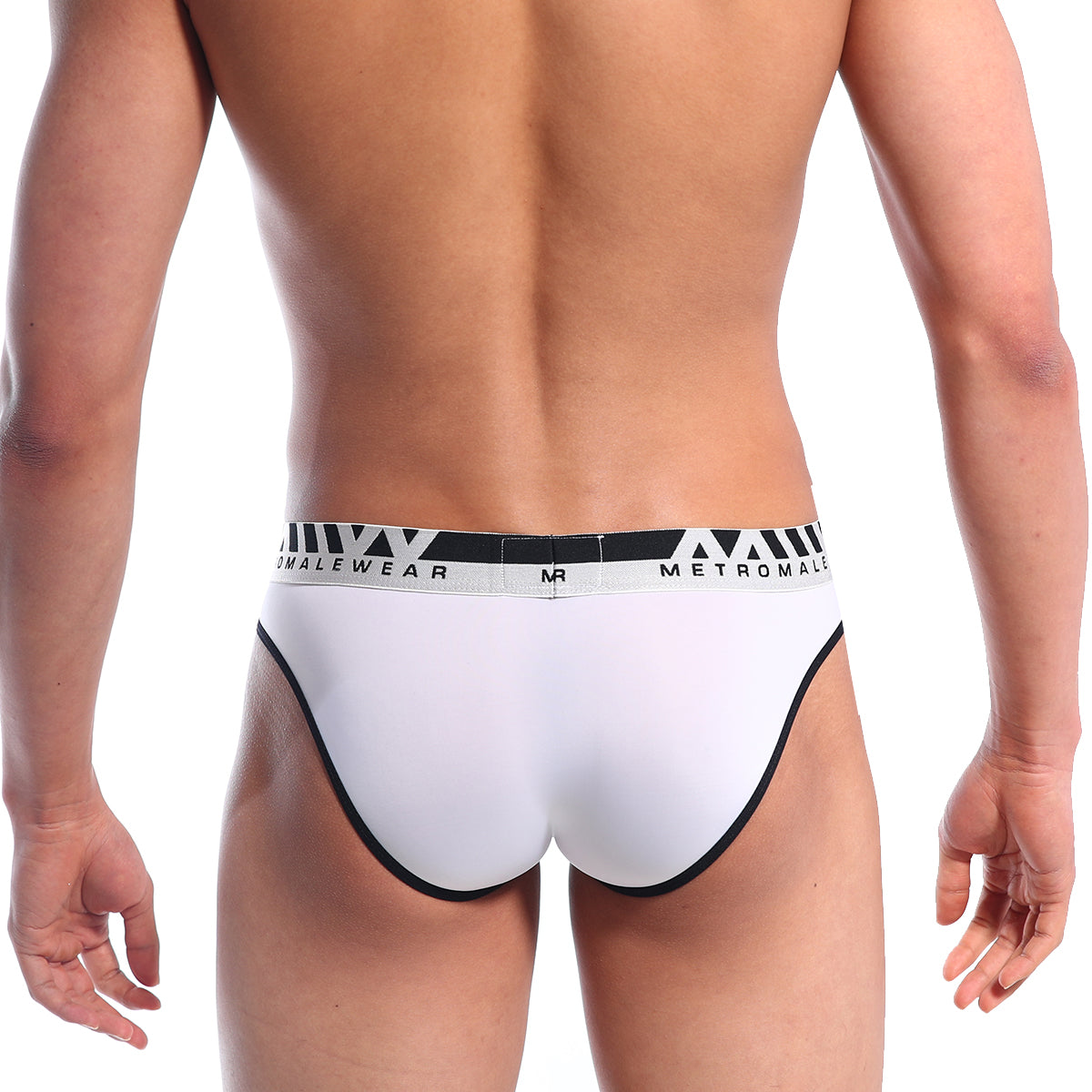 White mens briefs with black trim and metromale branded waistband from metromalewear perfect scene hip brief collection