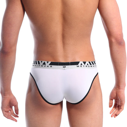 White mens briefs with black trim and metromale branded waistband from metromalewear perfect scene hip brief collection