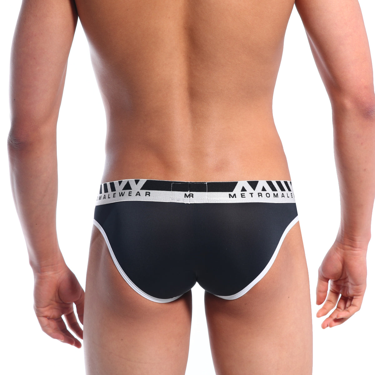 Black men’s briefs with white trim and a metromale branded waistband from MetroMaleWear perfect scene hip brief 1003C-20