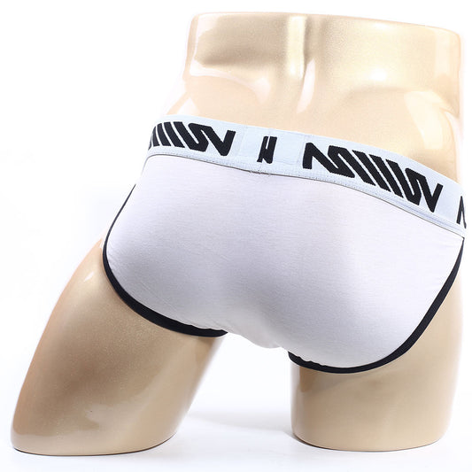 White mens briefs with black trim and branded waistband metroMaleWear Perfect Scene Bikini white 1004-00 front view