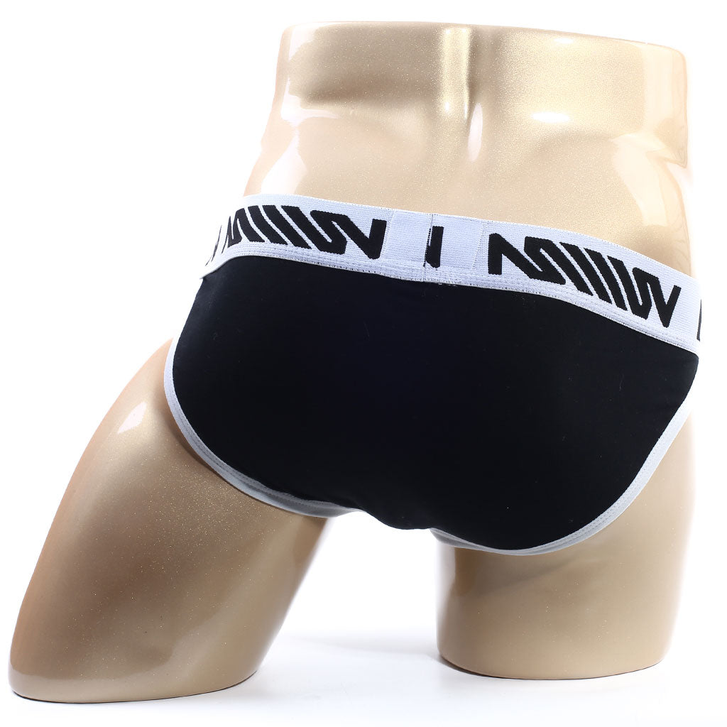 Black briefs with white elastic waistband featuring bold black lettering from MetroMaleWear Perfect Scene Bikini 1004-20