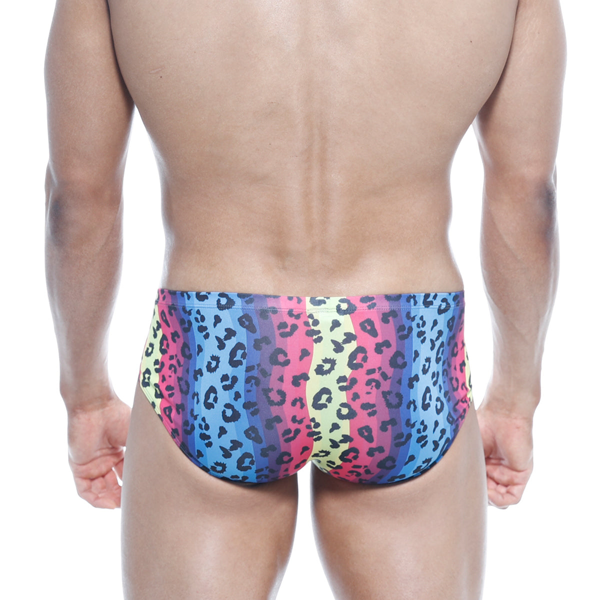MetroMaleWear mojito bikini neon vibrant rainbow-striped swim trunks with bold black leopard print on stretchy fabric