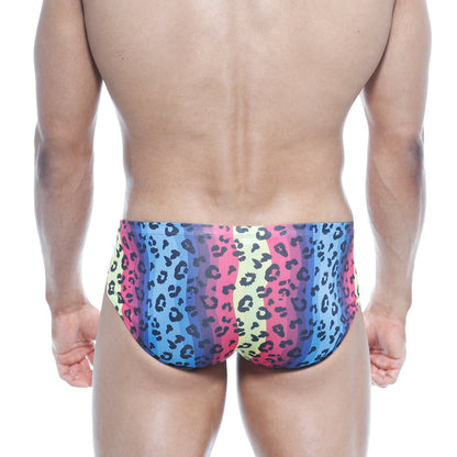 MetroMaleWear mojito bikini neon vibrant rainbow-striped swim trunks with bold black leopard print on stretchy fabric