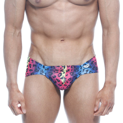 Metro male wear mojito bikini neon 1006-05 vibrant multicolored leopard-print swim trunks in pink blue and yellow
