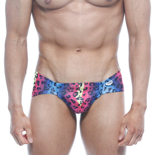 Metro male wear mojito bikini neon 1006-05 vibrant multicolored leopard-print swim trunks in pink blue and yellow