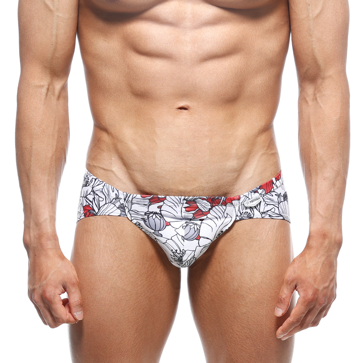 MetroMaleWear Mojito Bikini Escobar 1006-09 white swim trunks with bold red and gray floral pattern for beachwear