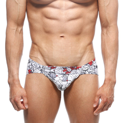 MetroMaleWear Mojito Bikini Escobar 1006-09 white swim trunks with bold red and gray floral pattern for beachwear