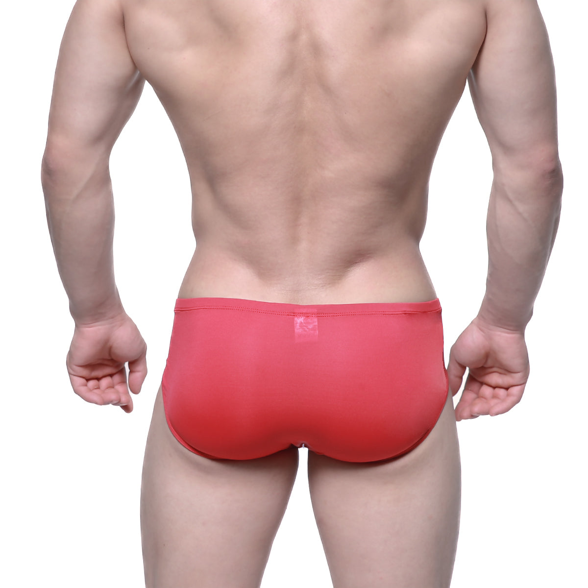 Back view of red metro male wear entropy bikini briefs with smooth fabric and small logo on the waistband