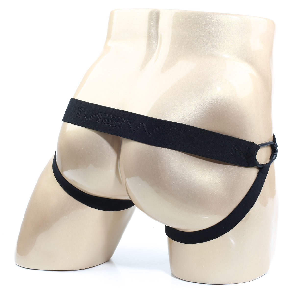 Black elastic briefs with wide waistband and side straps displayed on mannequin metro male wear asunto jock strap