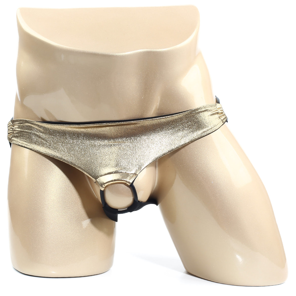Shiny gold metallic briefs by MetroMaleWear with black ring and trim in Asunto Jock Strap Gold 1007-21 design