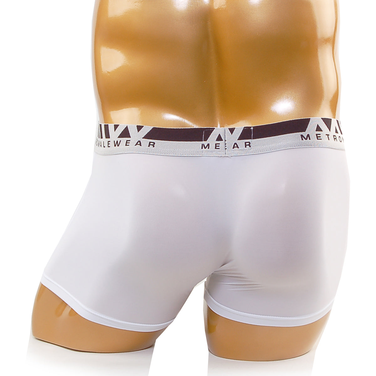 White men’s boxer briefs with dark brown and white metro branded elastic waistband metroMalewear perfect scene hip solid trunk
