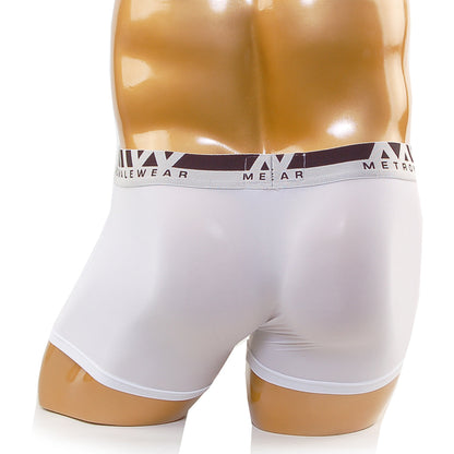 White men’s boxer briefs with dark brown and white metro branded elastic waistband metroMalewear perfect scene hip solid trunk