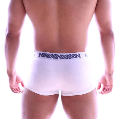 White men’s briefs with a navy blue logo band from metromalewear perfect scene hip trunk white 1013-02
