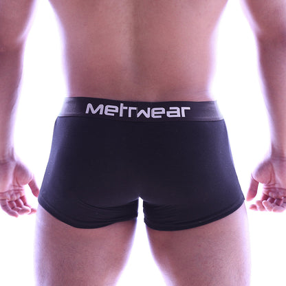Metro malewear perfect scene hip trunk black boxer briefs with gray waistband and white lettering for comfort wear