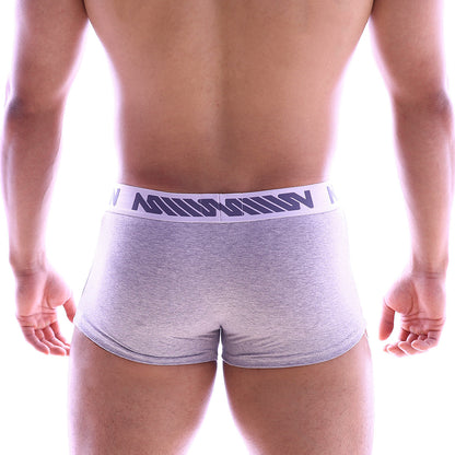 Gray heathered cotton briefs with white elastic waistband and dark gray geometric logo by MetroMaleWear perfect scene hip trunk