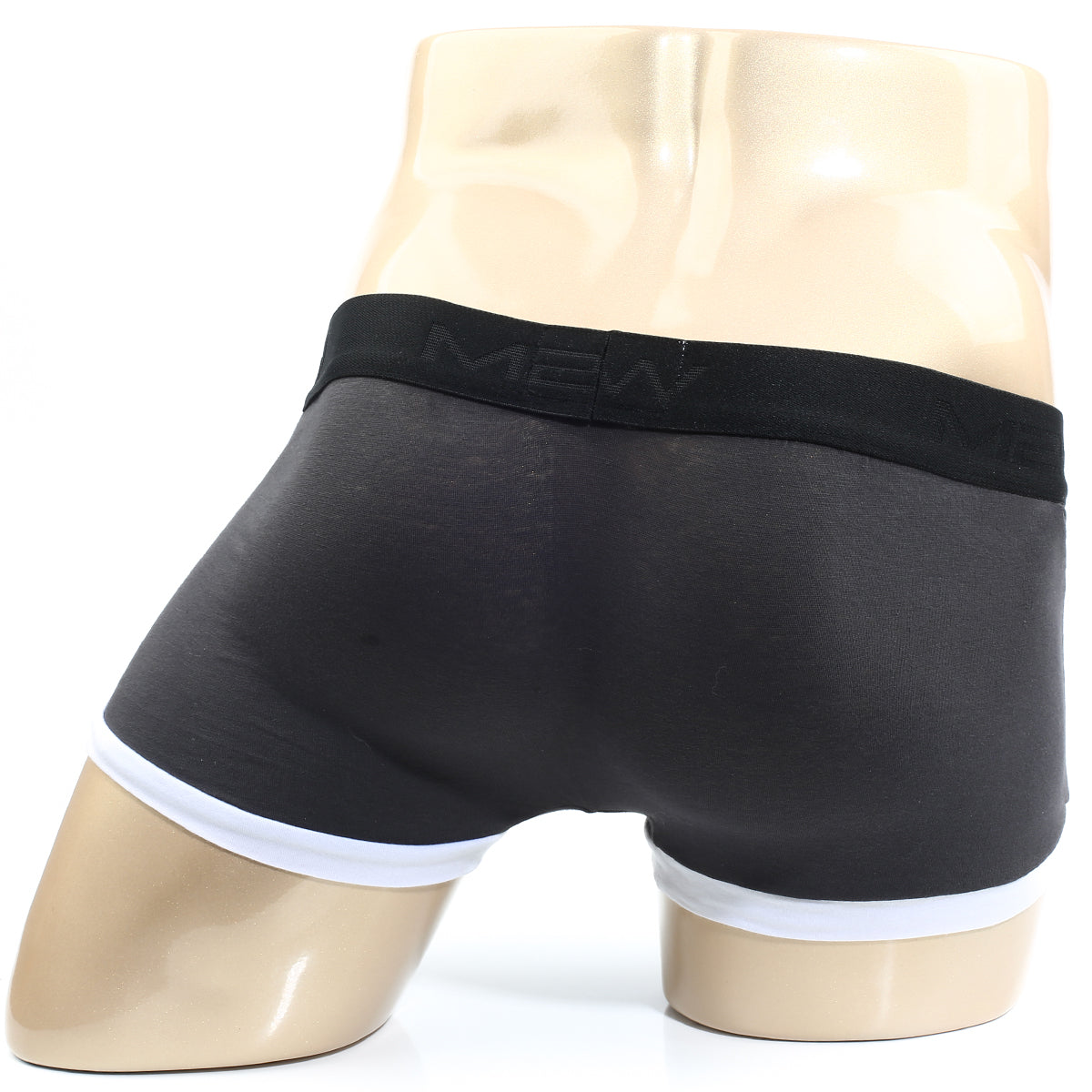 Black briefs with white trim and black elastic waistband featuring mew logo from metromalewear perfect scene hip trunk twilight 1013-11
