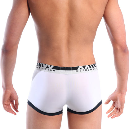 White metro malewear perfect scene hip contrast trunk briefs with black trim and branded waistband in cotton blend
