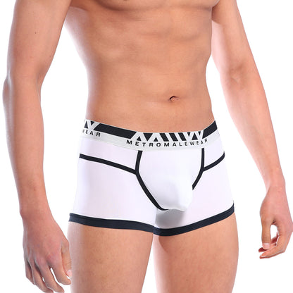 White men’s briefs with black trim and metromalewear logo waistband metroMalewear Perfect Scene Hip Contrast Trunk
