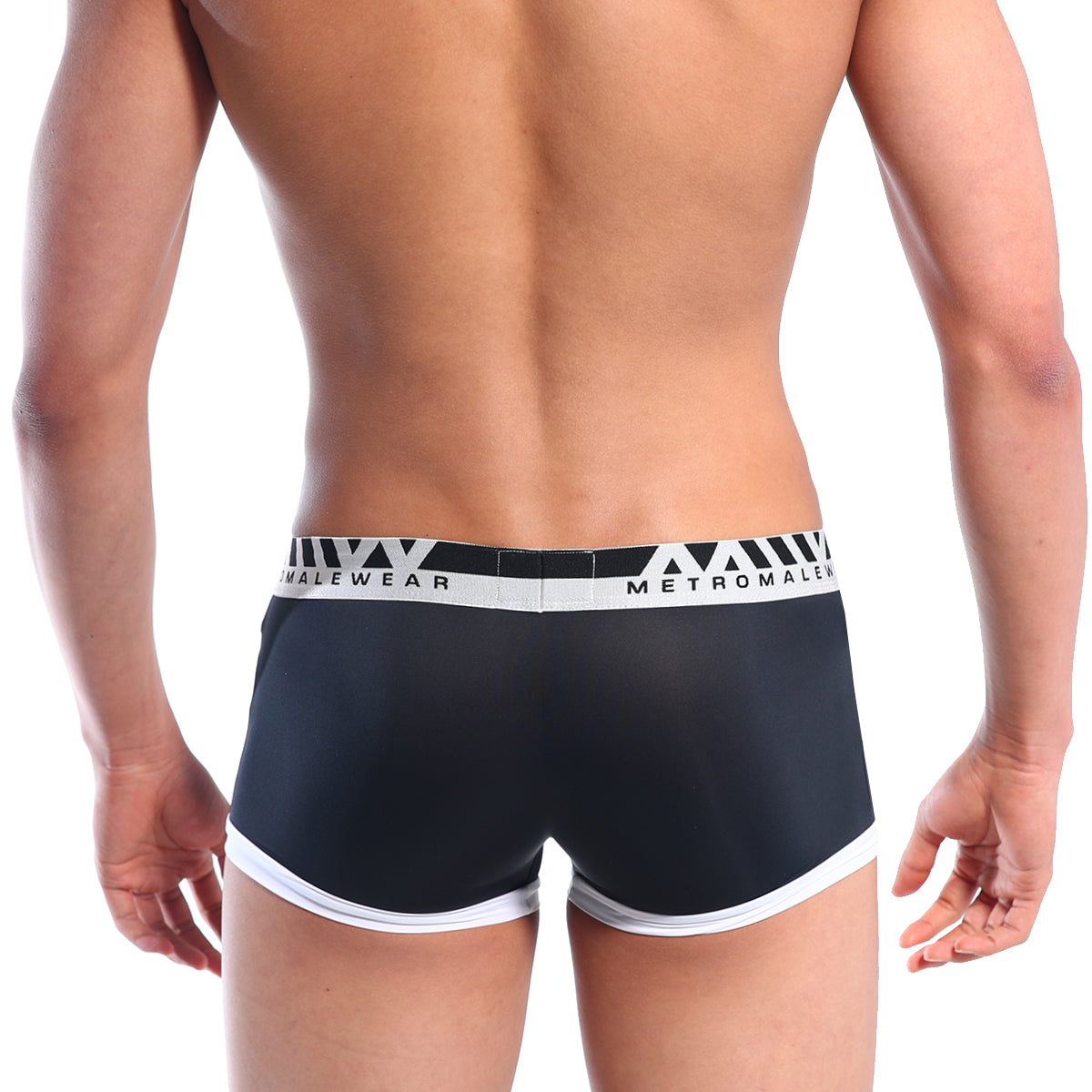 Black men’s briefs with white trim and metromale branded waistband in perfect scene hip contrast trunk design