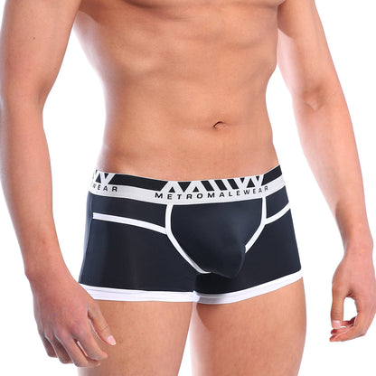 Black and white mens briefs with bold geometric waistband and metromalewear branding perfect scene hip contrast trunk