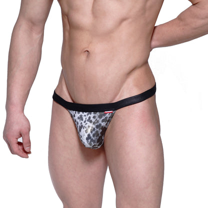 Black and gray leopard-print briefs with smooth stretchy fabric waistband metroMalewear animal string silver 1014-61