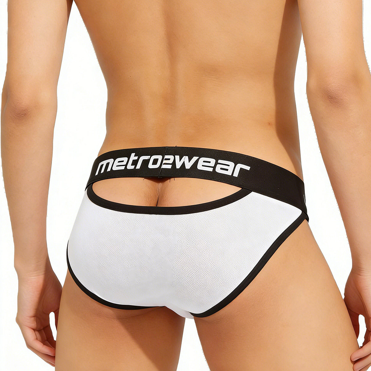 White and black metro2wear briefs with textured fabric and bold waistband branding from MetroMaleWear Audace Bikini 1015-00