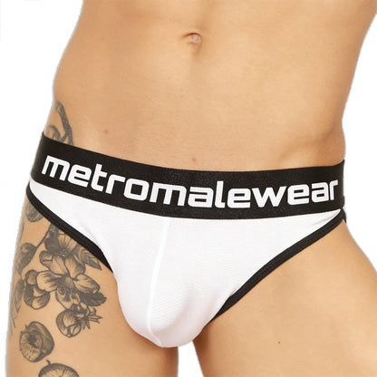 MetroMalewear audace bikini briefs in white and black with a bold contrasting waistband featuring the brand name