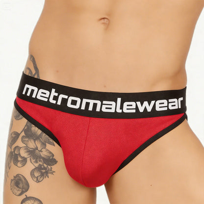MetroMaleWear Audace bikini briefs in red and black with textured fabric finish shown from the back side